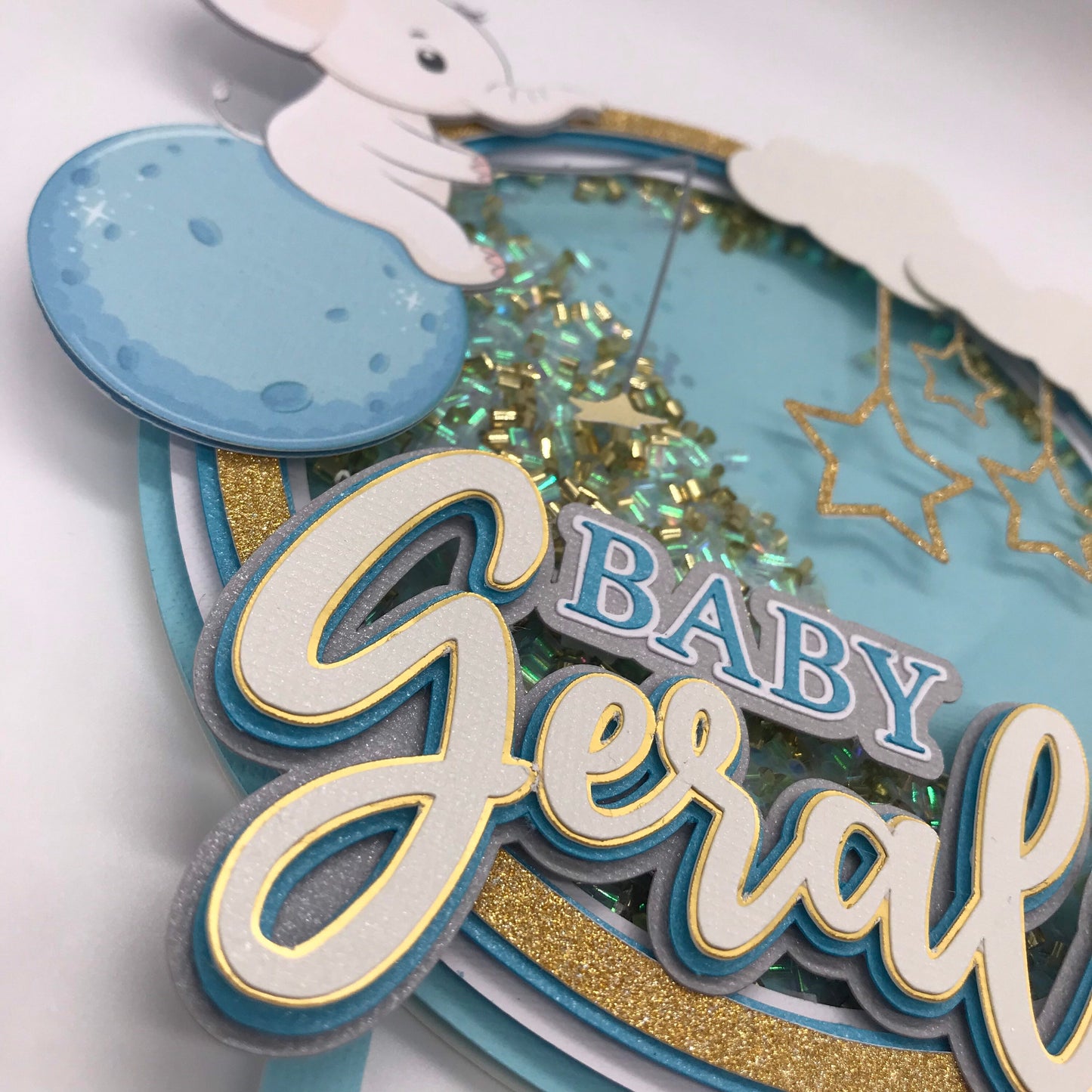 Elephant Cake Topper, Baby Shower, Moon Baby Boy, Gender Reveal Cake, Half moon and clouds, Minimalist Moon Baby Shower