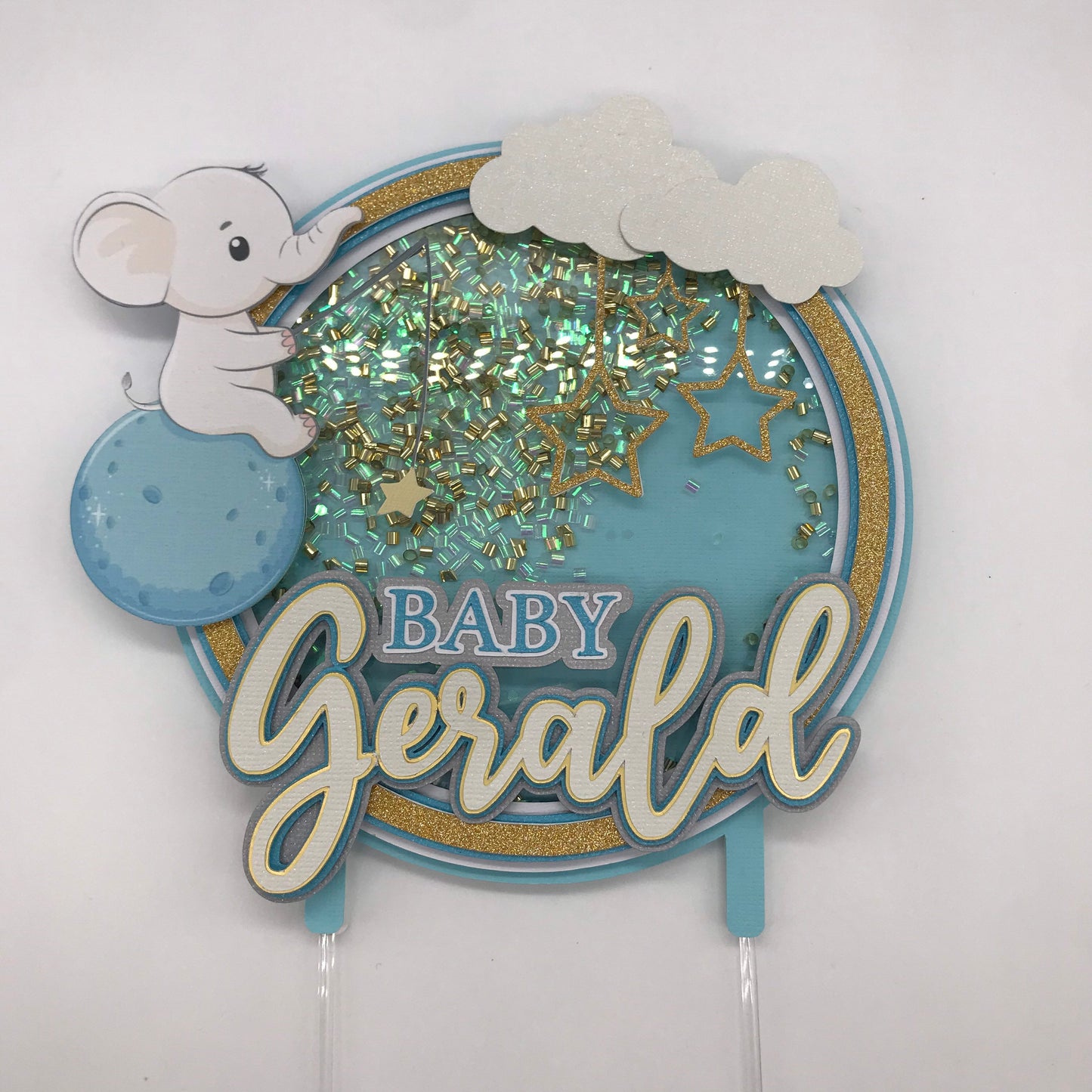 Elephant Cake Topper, Baby Shower, Moon Baby Boy, Gender Reveal Cake, Half moon and clouds, Minimalist Moon Baby Shower